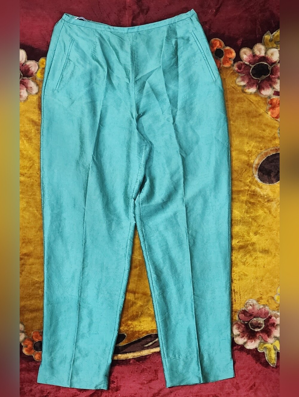 STUNNING! 100% SILK Turquoise High Waisted Cropped Pants By Valerie Stevens